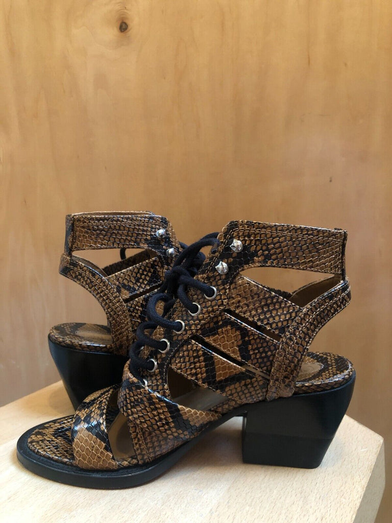 CHLOE Rylee Brown Snakeskin Print Leather Buckle Gladiator Sandal Heel 37.5/7.5