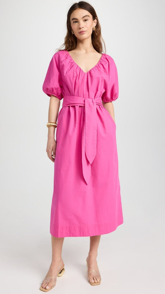 MARA HOFFMAN NWT Alora Hot Pink Short Puff Sleeve Tie Waist VNeck Midi Dress XXL