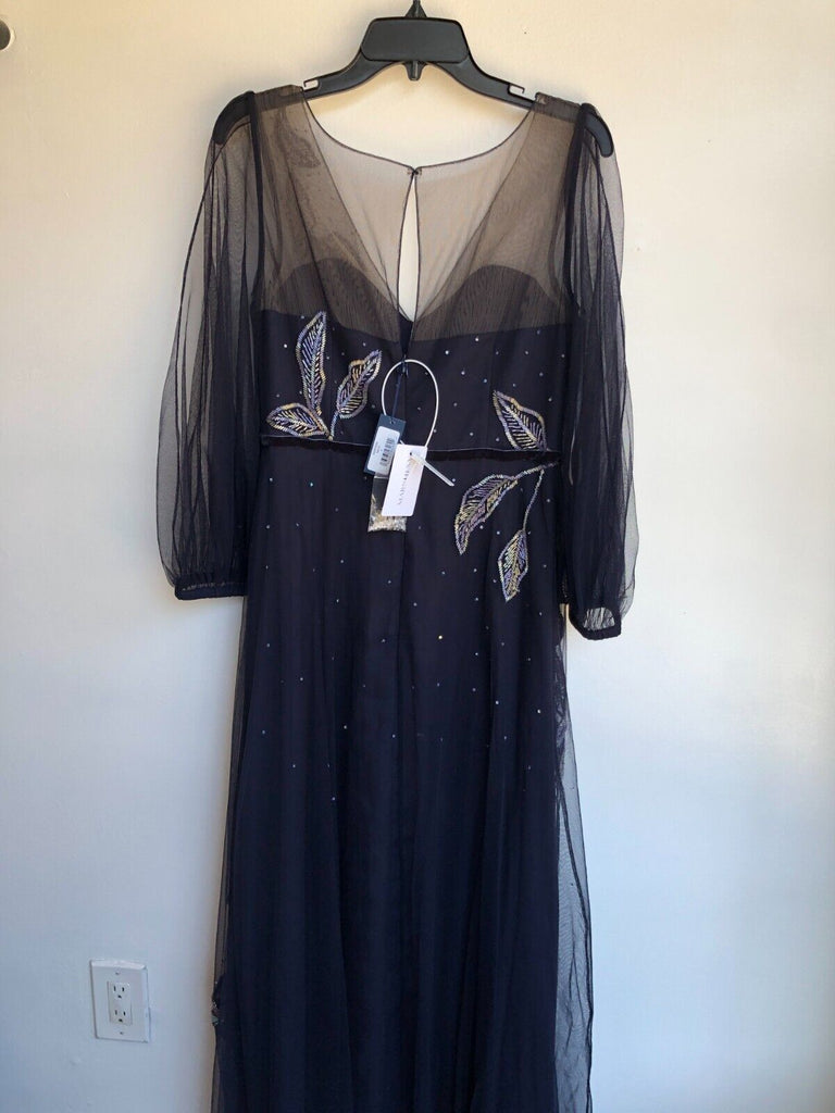 MARCHESA NOTTE NWT Navy Metallic Beaded Floral Print Tulle Maxi Dress Gown 4