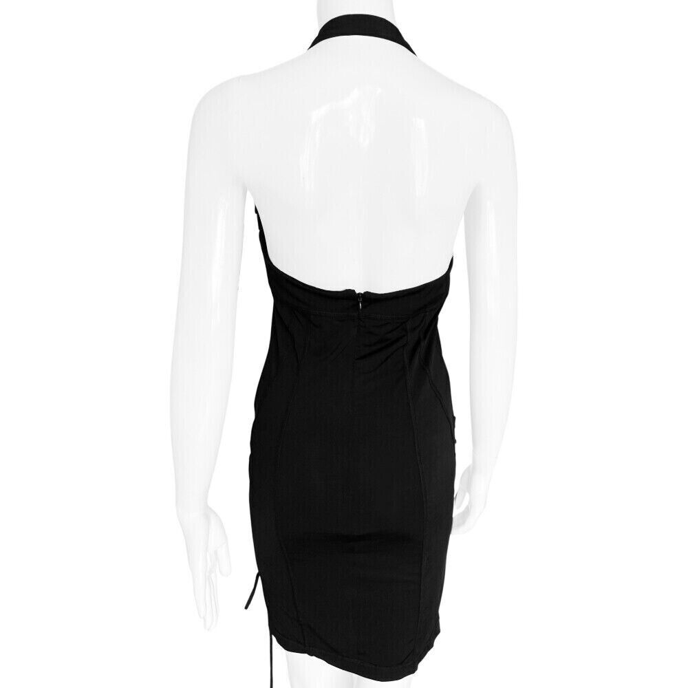 CHRISTIAN DIOR Vtg Black Lace Up Halter Bustier Jersey 2000s Mini Dress 42/6/8