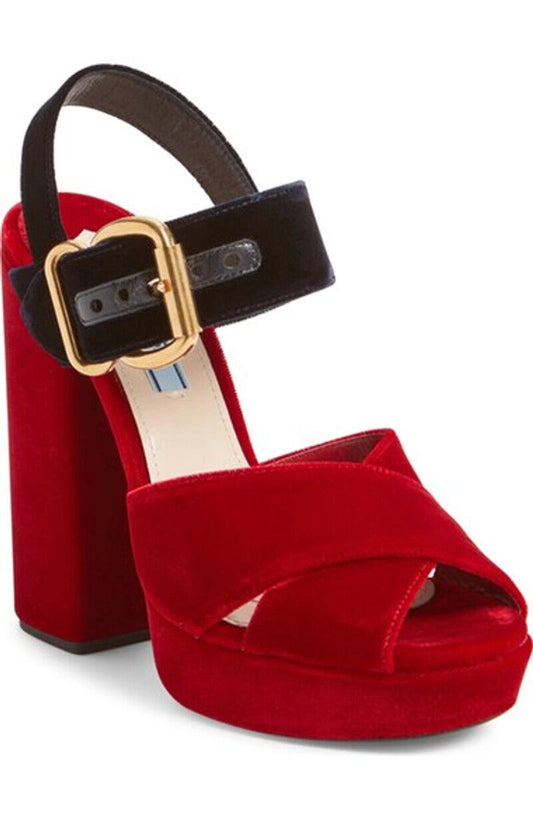 PRADA Cherry Red Navy Velvet Crisscross Two Tone Platform Sandal Chunky Heel 37