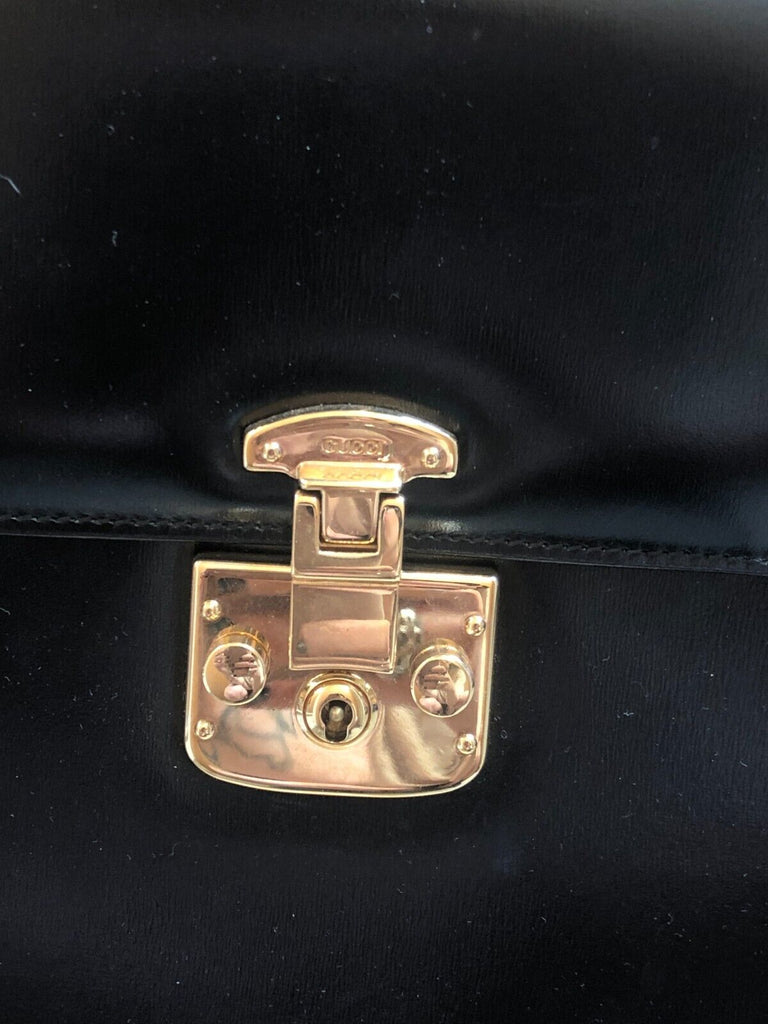 GUCCI Vintage Black Leather Lady Lock 2 Way Gold Hardware Handle Bag