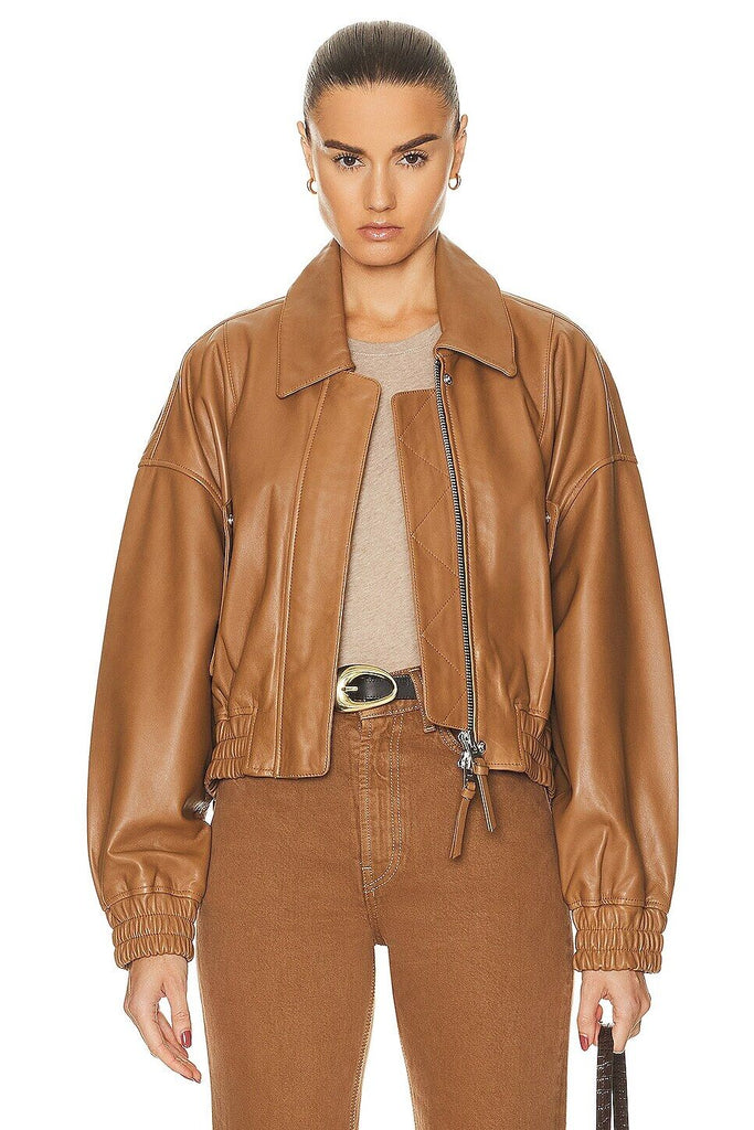 SHOREDITCH SKI CLUB NWT Elle Camel Brown Leather Crop Collared Bomber Jacket XS