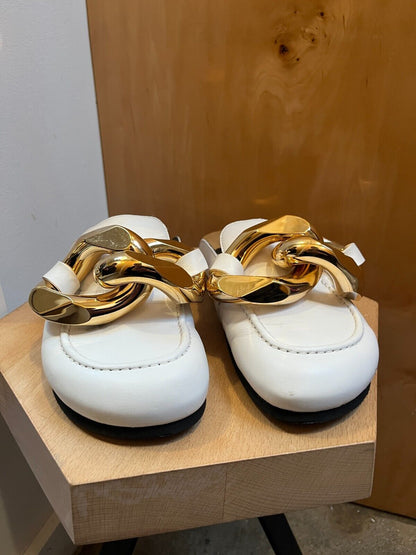 JW ANDERSON White Leather Gold Oversized Chain Slide Clog Flat Loafer Mule 38