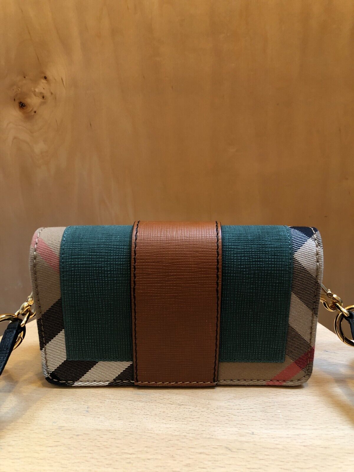 BURBERRY The Small House Nova Check Buckle Sea Green Leather Shoulder Bag Purse