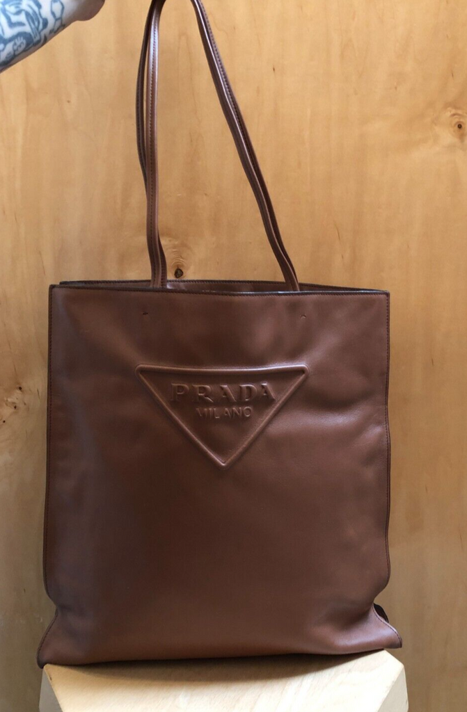 PRADA 2023 $1900 Softy Brown Triangle Logo Medium Leather Shopper Tote Bag Purse