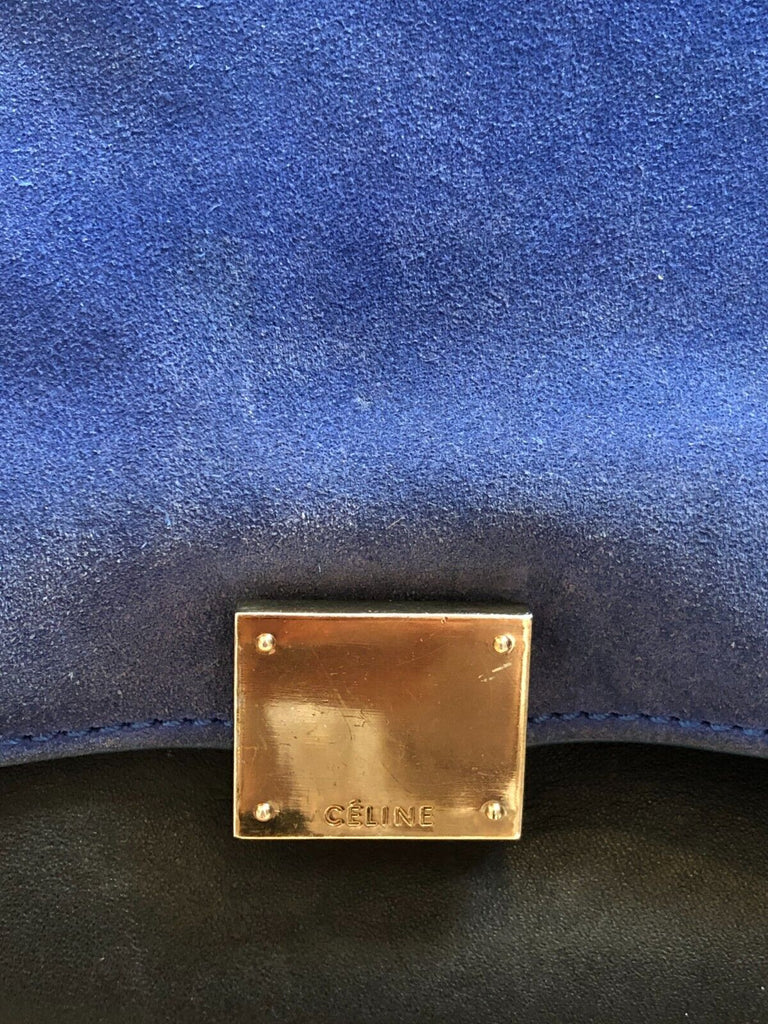 CELINE	Trapeze Cobalt Blue Beige Black Suede Leather Colorblock Bag Purse