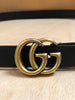 GUCCI	Gucci GG Marmont Logo Black Gold Brass Thin Skinny Press Stud Belt 80/32