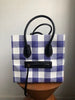 CELINE Phantom Medium Blue White Woven Plaid Gingham Print Raffia Bag Purse