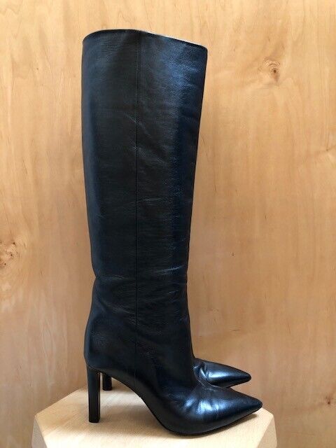 SAINT LAURENT YSL Black Knee High Pointed Toe Leather Stiletto Heel Boots 38/8