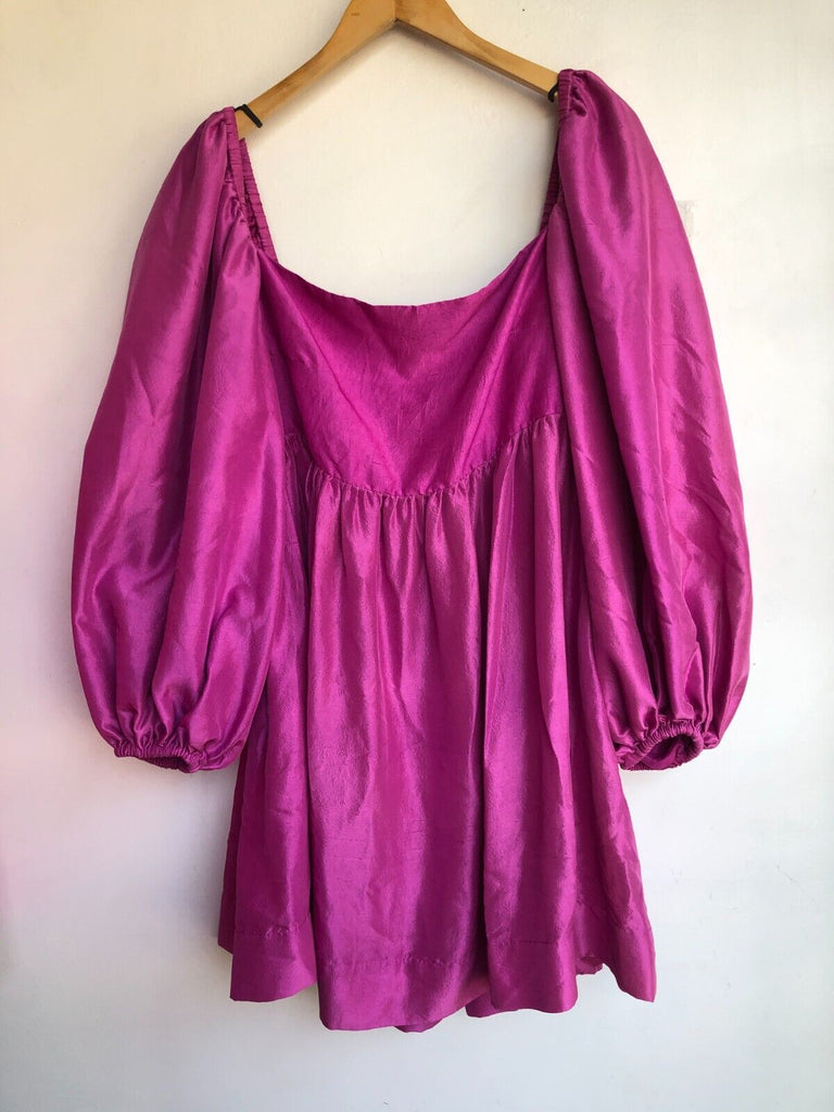 AZEEZA NEW Cameron Orchid Purple Pink Empire Waist Long Sleeve Silk Mini Dress L