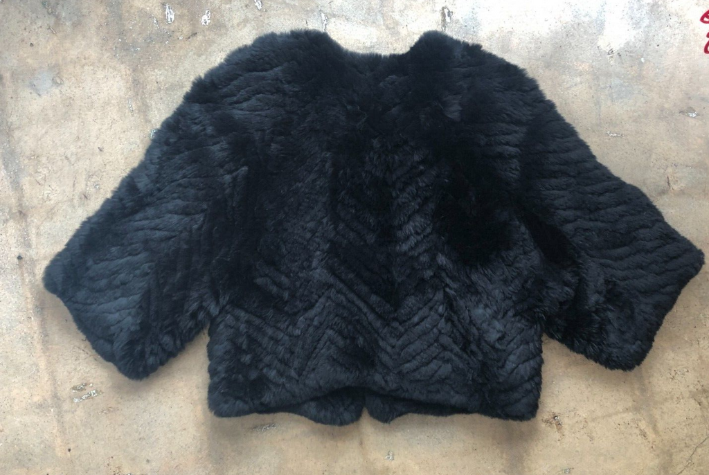 BARNEY'S NEW YORK Black Rabbit Fur Evening Shawl Crop Bolero Dress Jacket M