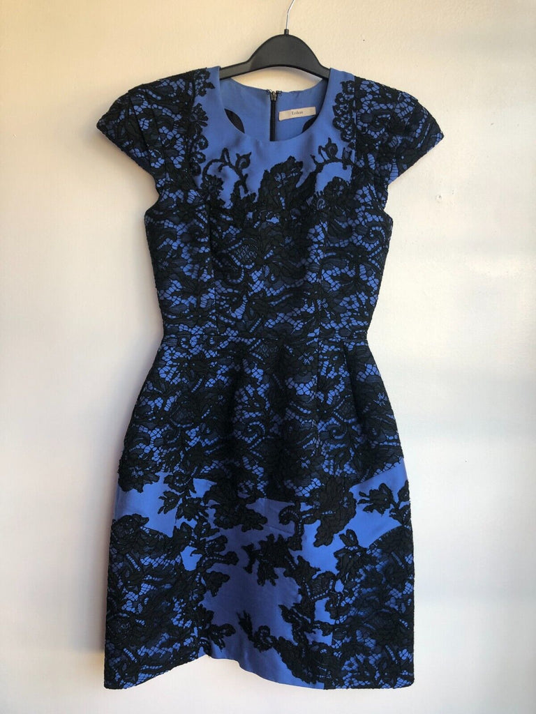 ERDEM	Blue Black Lace Embroidered Floral Print Cap Sleeve Knee Length Dress ~S