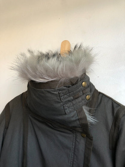 YVES SALOMON  Army Cement Grey Khaki Coyote Fur Collar Cotton Zip Up Jacket ~ M