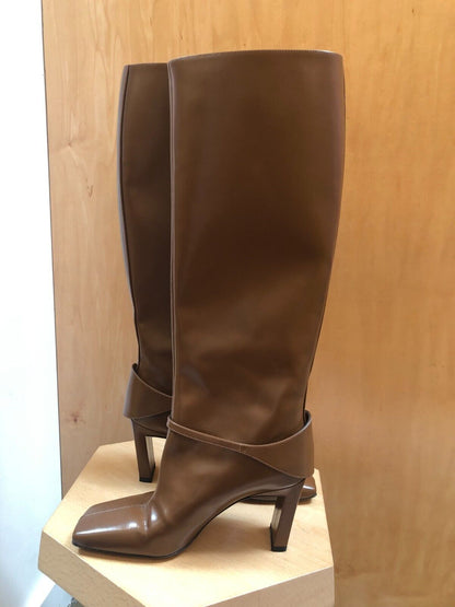 WANDLER Isa Jazz Camel Tan Brown Leather Square Toe Stirrup Knee High Boot 36