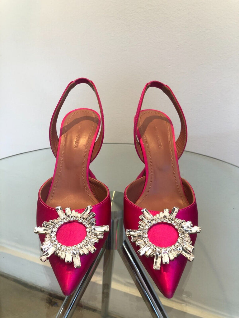 AMINA MUADDI Begum Swarovski Pink Ruby Crystal Satin Slingback Pump Heel 37.5