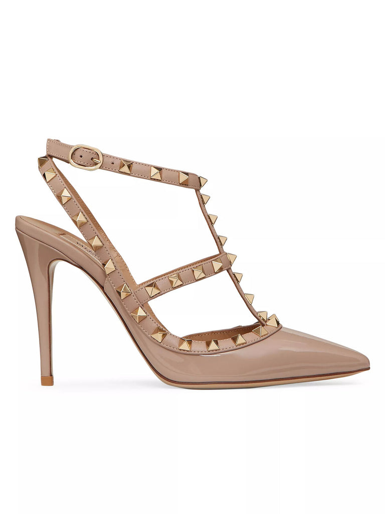 VALENTINO Rockstud Poudre Blush Pink Patent Leather Gold Caged Stiletto Heel 36