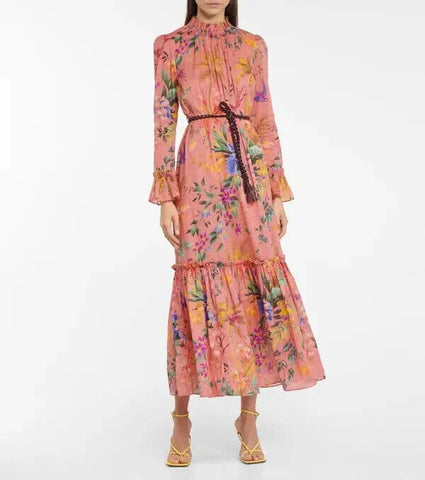 ZIMMERMANN High Tide Pink Ikat Floral Print Silk Linen Belted Midi Shirt Dress 0