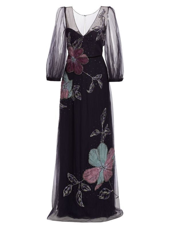 MARCHESA NOTTE NWT Navy Metallic Beaded Floral Print Tulle Maxi Dress Gown 4