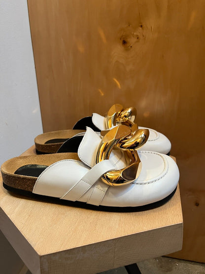 JW ANDERSON White Leather Gold Oversized Chain Slide Clog Flat Loafer Mule 38