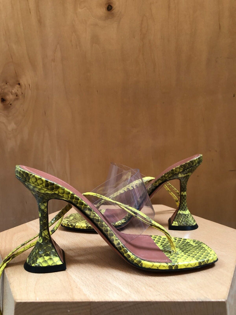 AMINA MUADDI Zula Yellow Lime Watersnake Snakeskin Clear Strappy Heel Sandal 36