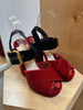 PRADA Cherry Red Navy Velvet Crisscross Two Tone Platform Sandal Chunky Heel 37