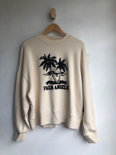 PALM ANGELS Men's Sunset White Black Embroidered Palm Tree Sweater Sweatshirt S