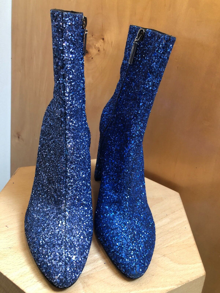 SAINT LAURENT Lou Blue Glitter Sequin 95 Zip Ombre Calf Ankle Boots 40/10