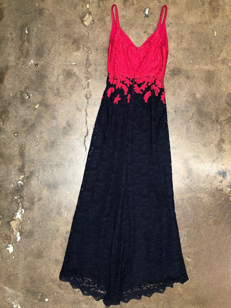 ERDEM Navy Blue Pink Lace Floral Sleeveless V Neck Long Maxi Gown Dress S/M