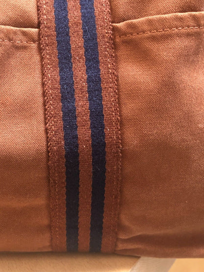 HERMES Fourre Tout Mm Camel Brown Blue Stripe Canvas Tote Shoulder Bag Purse