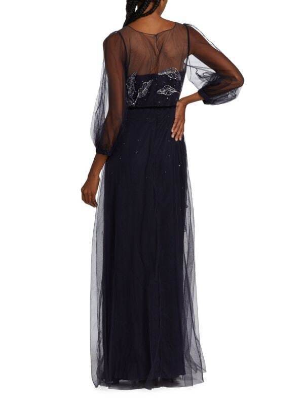 MARCHESA NOTTE NWT Navy Metallic Beaded Floral Print Tulle Maxi Dress Gown 4