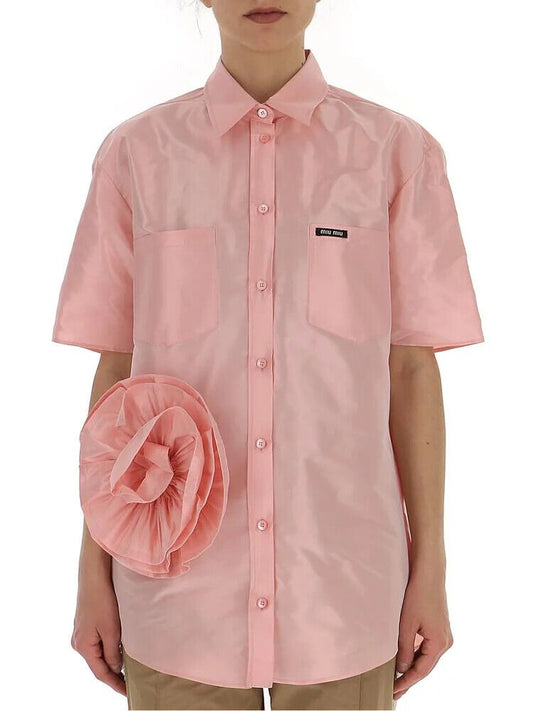 MIU MIU Light Pink Silk Nylon Short Sleeve Floral Applique Shirt Top Blouse 38