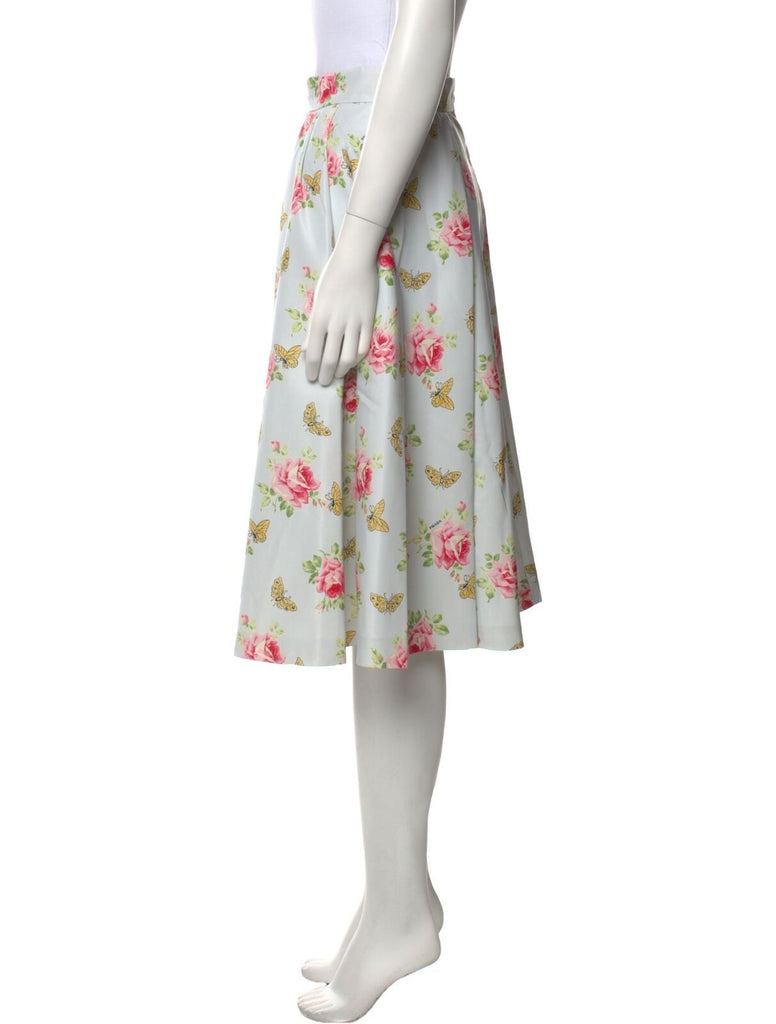 PRADA	2020 Resort Pale Blue Butterfly Floral Silk Aline Knee Length Skirt 46/10