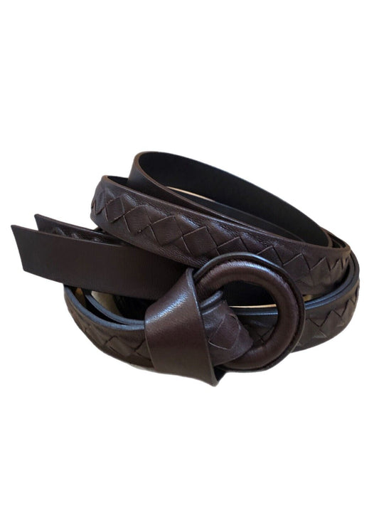 BOTTEGA VENETA Brown Calfskin Leather Intrecciato Hoop Knot Wrap Skinny Belt O/S