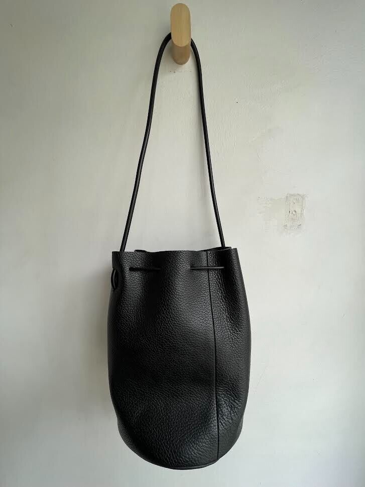 BUILDING BLOCK Black Leather Wood Ball Circle Tassel Bucket Shoulder Bag Purse