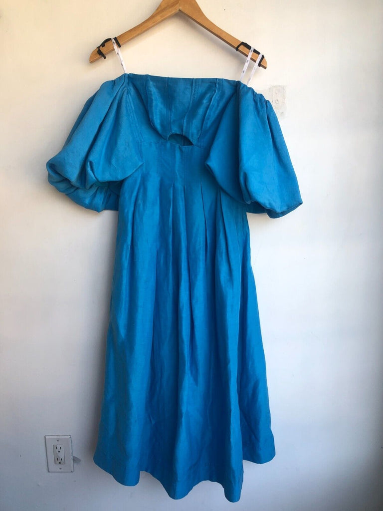 AJE Eugenie Azur Blue Linen Off Shoulder Cut Out Corset Bustier Midi Dress 4