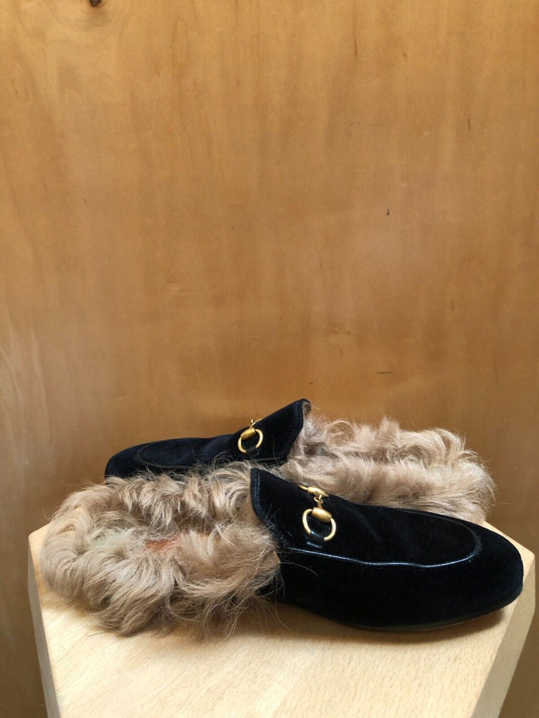 GUCCI Princetown Black Velvet Horsebit Fur Lined Flat Mule Slide Loafer 36.5/6.5