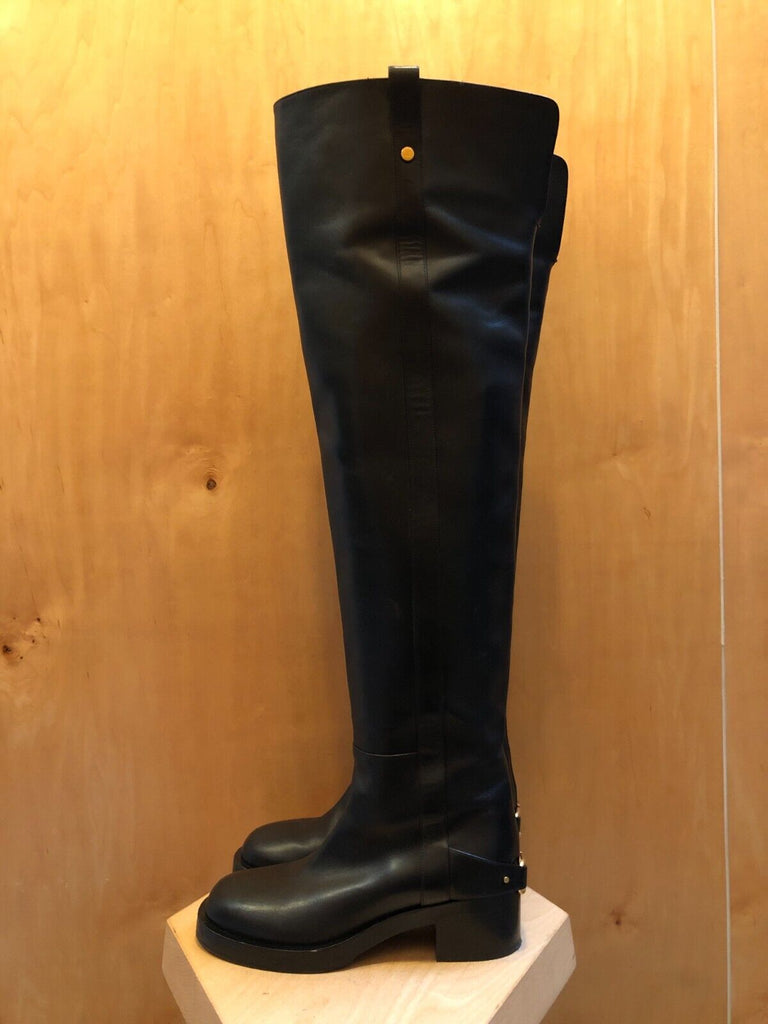 VALENTINO $2000 Black VLogo Over The Knee Leather Chunky Heel Riding Boot 37.5