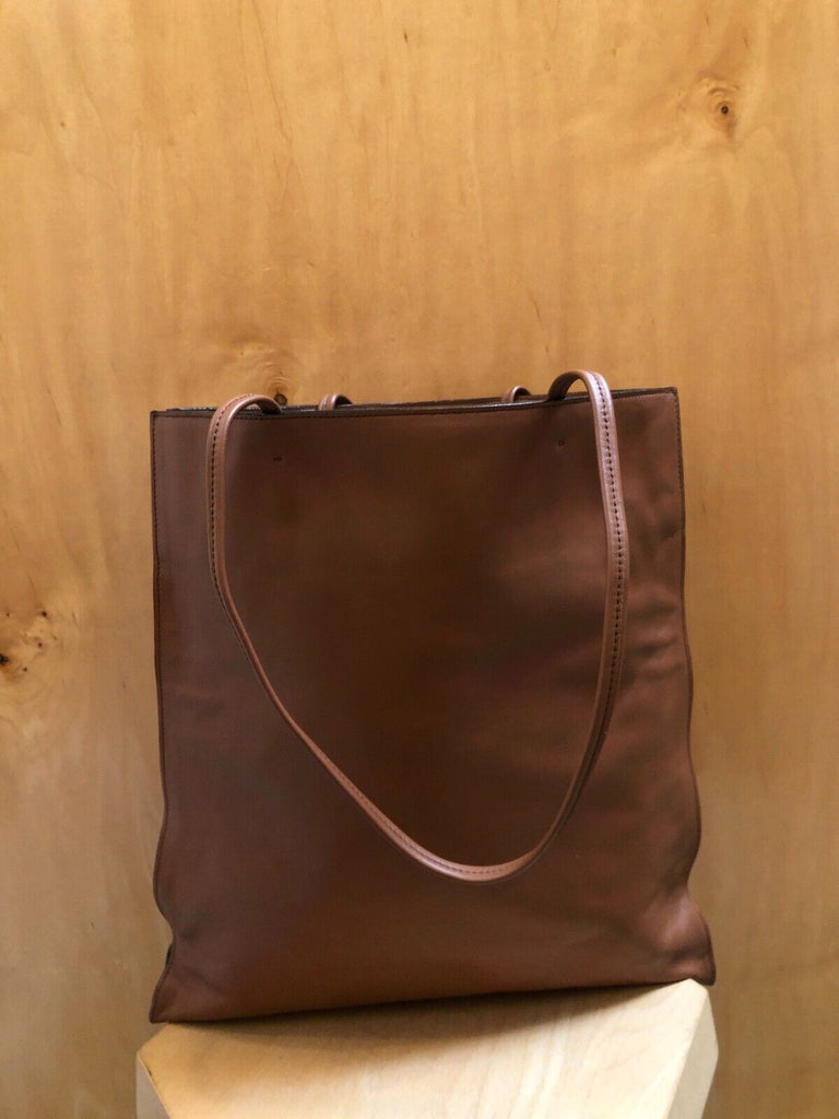 PRADA 2023 $1900 Softy Brown Triangle Logo Medium Leather Shopper Tote Bag Purse