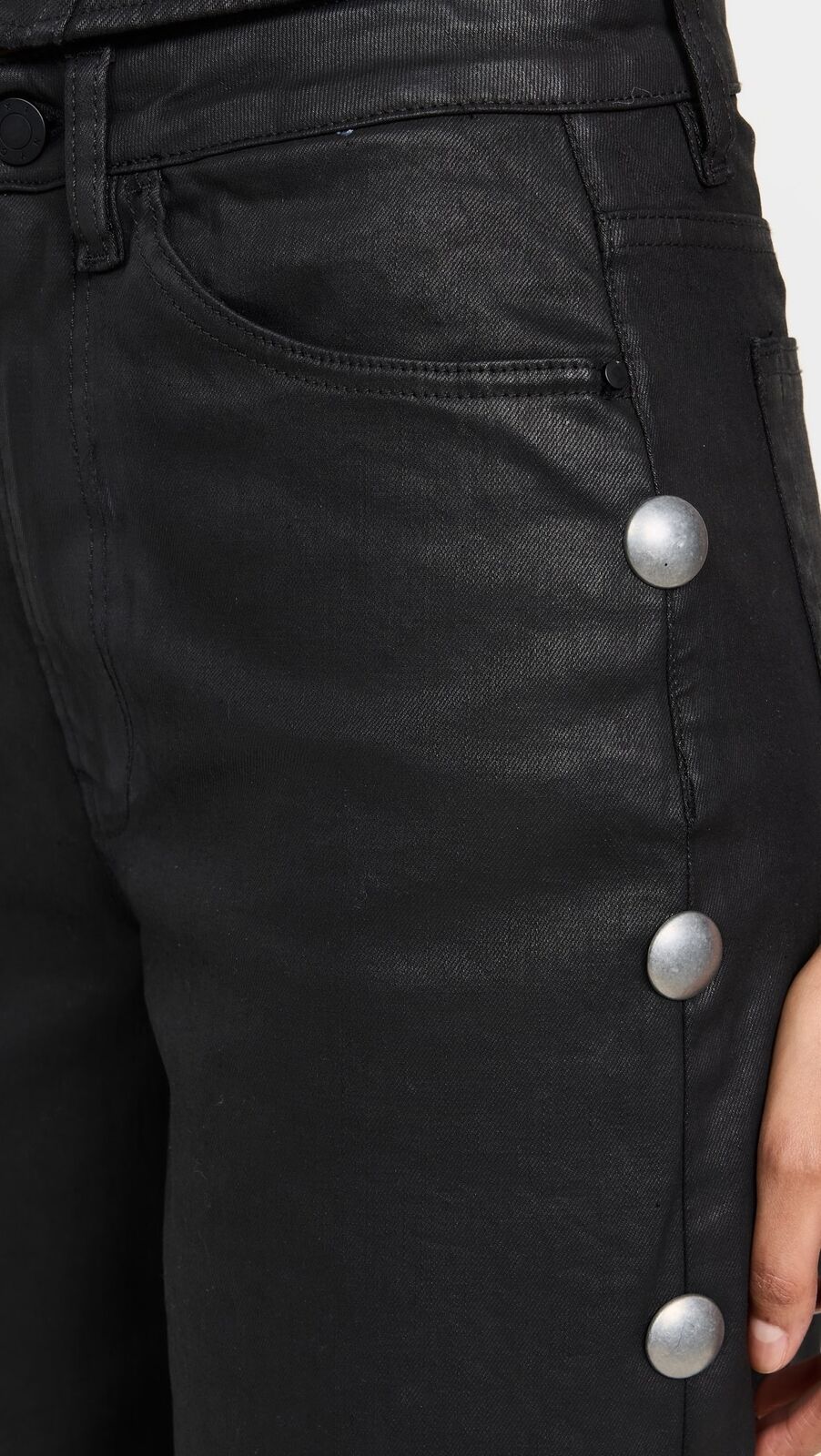 3X1 $385 Flip Black Wax Coated Silver Stud Wide Leg Pant Denim Jean 25