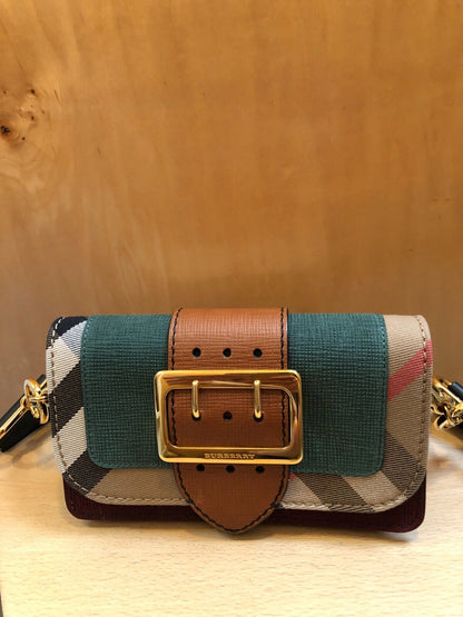 BURBERRY The Small House Nova Check Buckle Sea Green Leather Shoulder Bag Purse