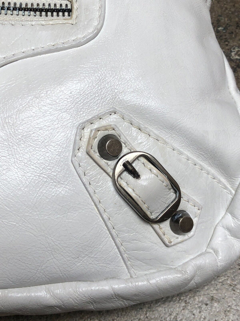 BALENCIAGA City 2Way 115748 White Leather Silver Stud Moto Shoulder Bag Purse