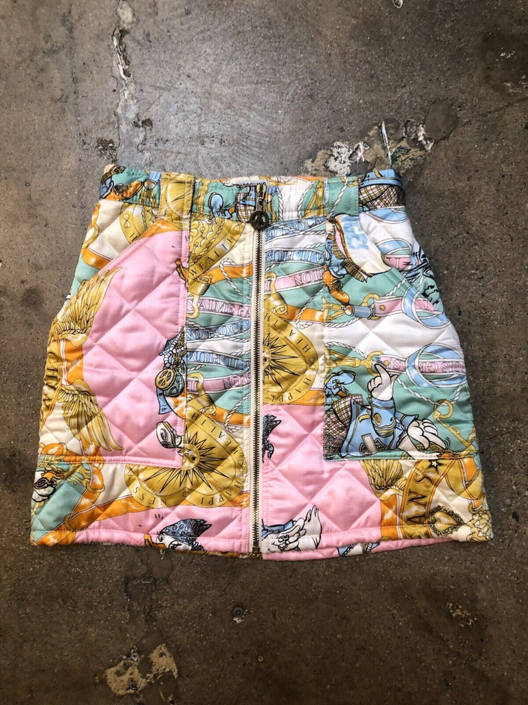 MOSCHINO Vtg 90s Pastel Quilted Padded Pink Green Satin Mini Skirt 44/S/XS