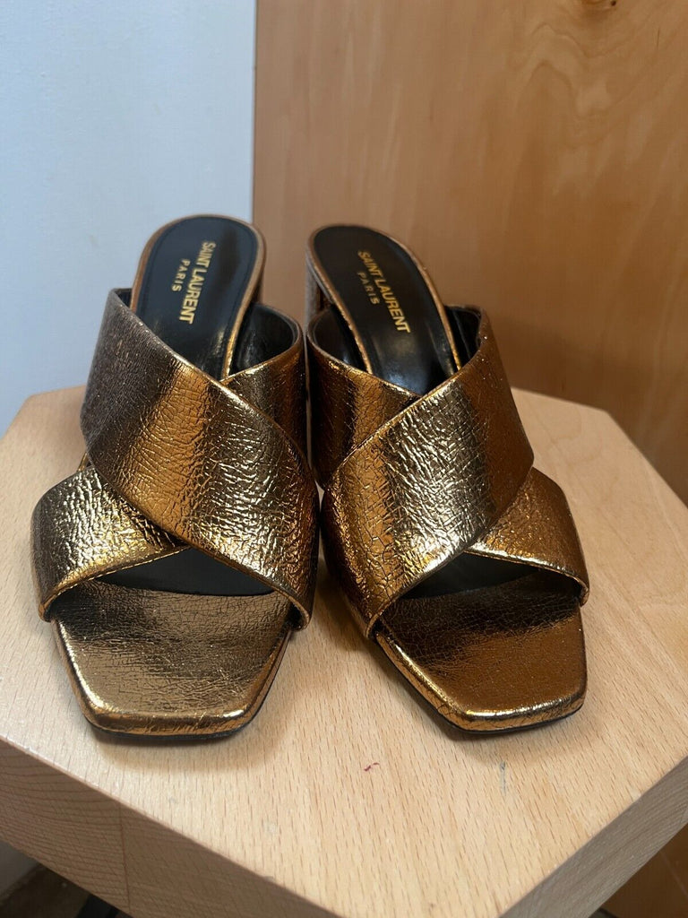 SAINT LAURENT Lou Lou Metallic Copper Gold Leather Cross Sandal Mule Heel 39