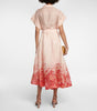 ZIMMERMANN High Tide Pink Ikat Floral Print Silk Linen Belted Midi Shirt Dress 0