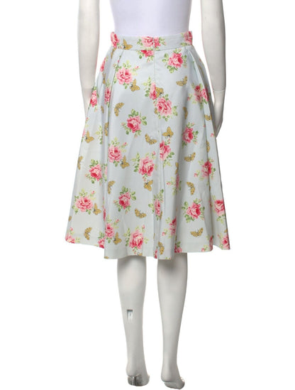 PRADA	2020 Resort Pale Blue Butterfly Floral Silk Aline Knee Length Skirt 46/10