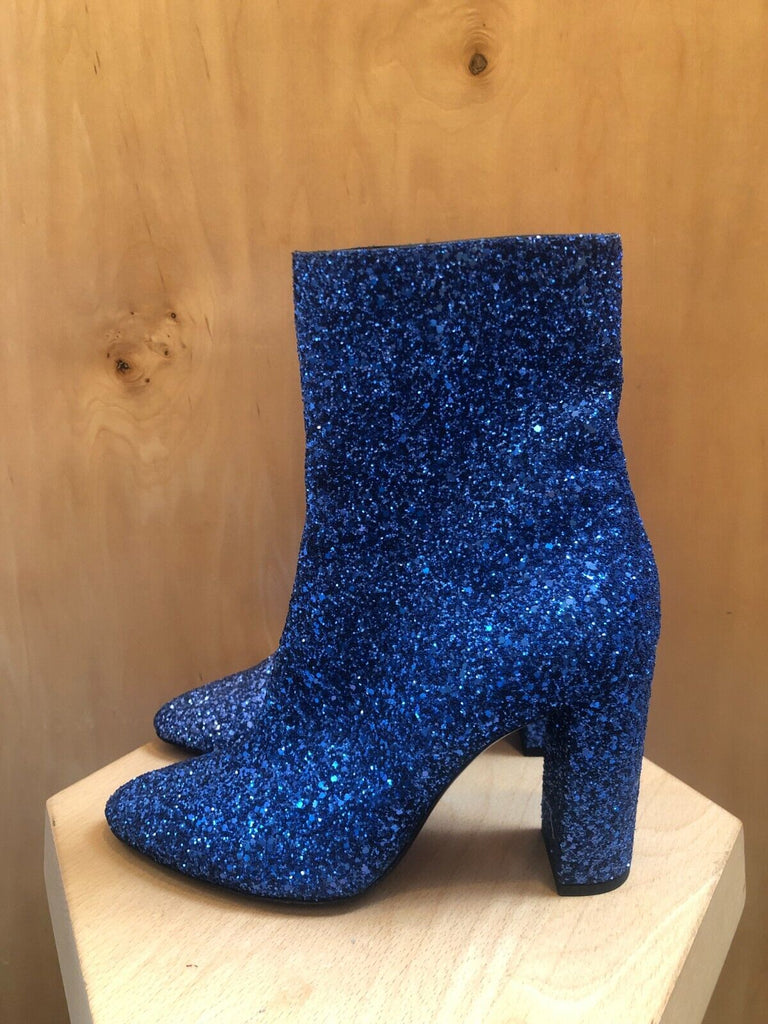 SAINT LAURENT Lou Blue Glitter Sequin 95 Zip Ombre Calf Ankle Boots 40/10