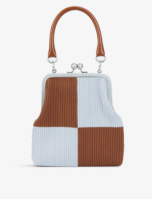 MARGE SHERWOOD Bolita Blue Brown Checkered Knit Small Top Handle Pouch Bag Purse