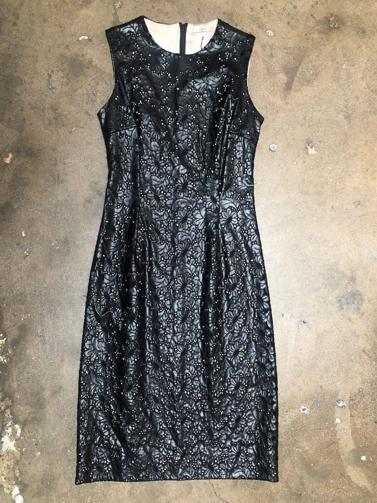 ERDEM Black Leather Embroidered Floral Applique Sleeveless Knee Length Dress ~M