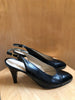 CHANEL Vtg Black Leather Patent Leather CC Cap Toe Slingback Pump Heel 37/7/6.5